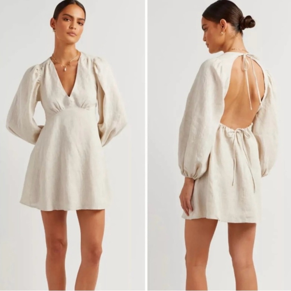 DISSH Cream Backless Linen Dress with Balloon Sleeves